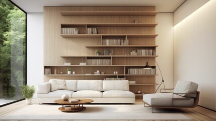 Minimalist living room with floating shelves and a single armchair