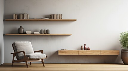 Minimalist living room with floating shelves and a single armchair