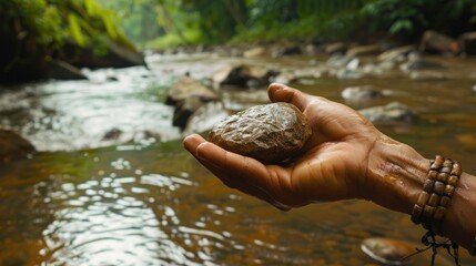Holding Nature's Treasures: A River Stone in Hand