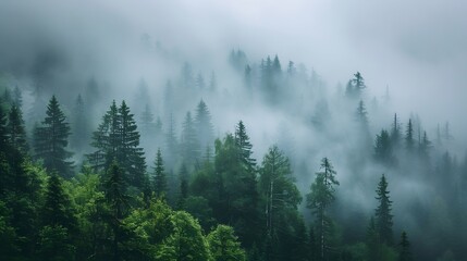 A forest with trees in the background and a misty sky. 