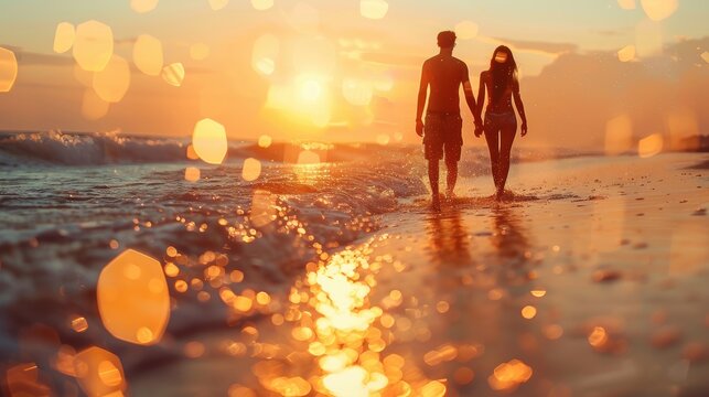 Silhouetted couple holding hands while walking along a beach at sunset with golden light and bokeh effect. - Powered by Adobe