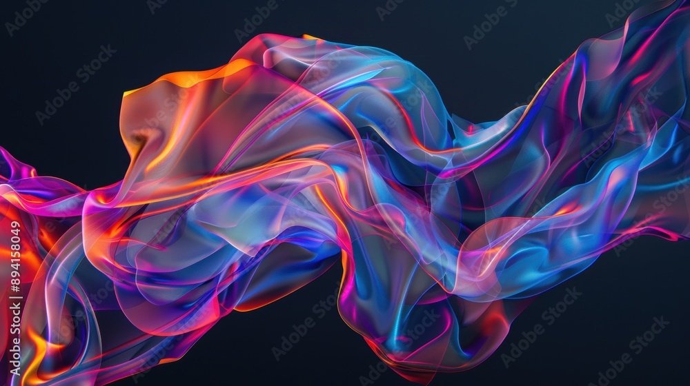 Poster vibrant, colorful wavy smoke patterns against a dark background, creating a dynamic and abstract vis