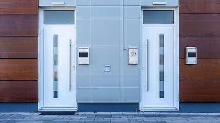 Two Modern White Doors on a Building