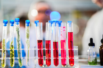 Scientific tubes containing chemicals and plant samples from which substances can be extracted to make medicines for use in humans and animals. With a background as a scientist preparing experiment.