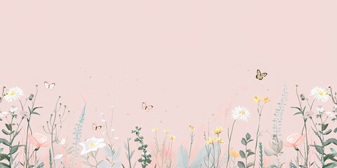 Floral Meadow with Butterflies on a Pink Background