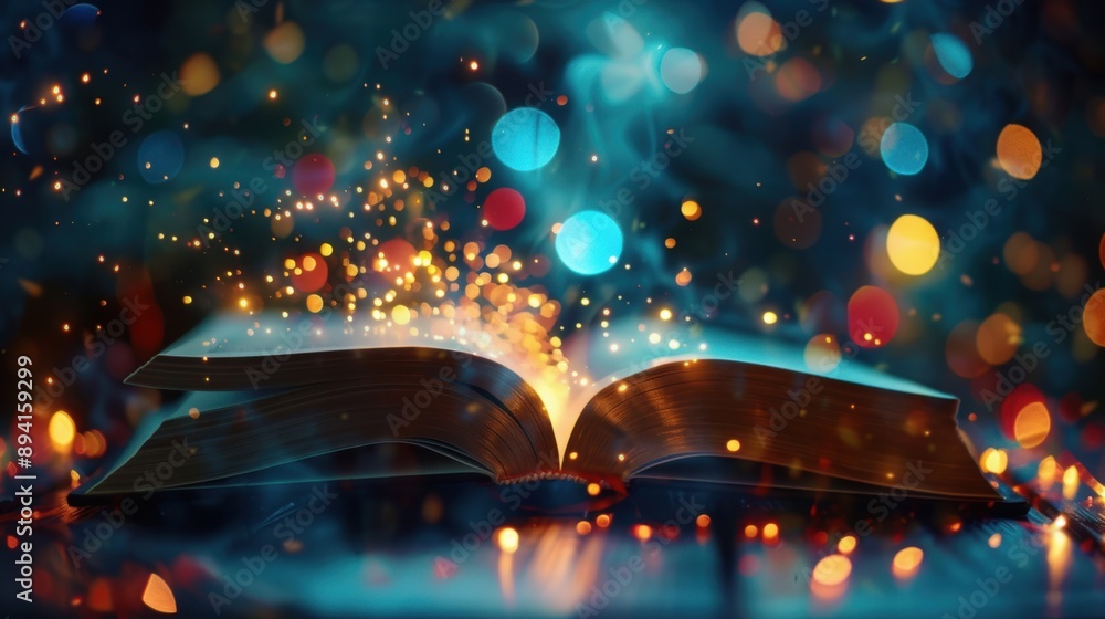 Aufkleber an open book emits a magical glow with sparkling lights, evoking a sense of wonder and imagination i