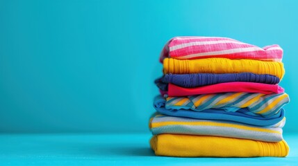 A stack of colorful folded clothes placed on a bright blue background, highlighting the vibrant hues and textures.
