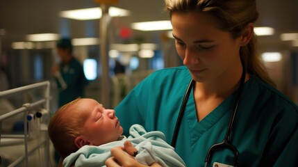 Nurse tenderly holding a newborn baby in a hospital, showcasing care and compassion in a medical setting.