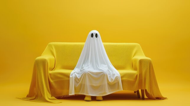 A ghost is sitting on a couch with a yellow background
