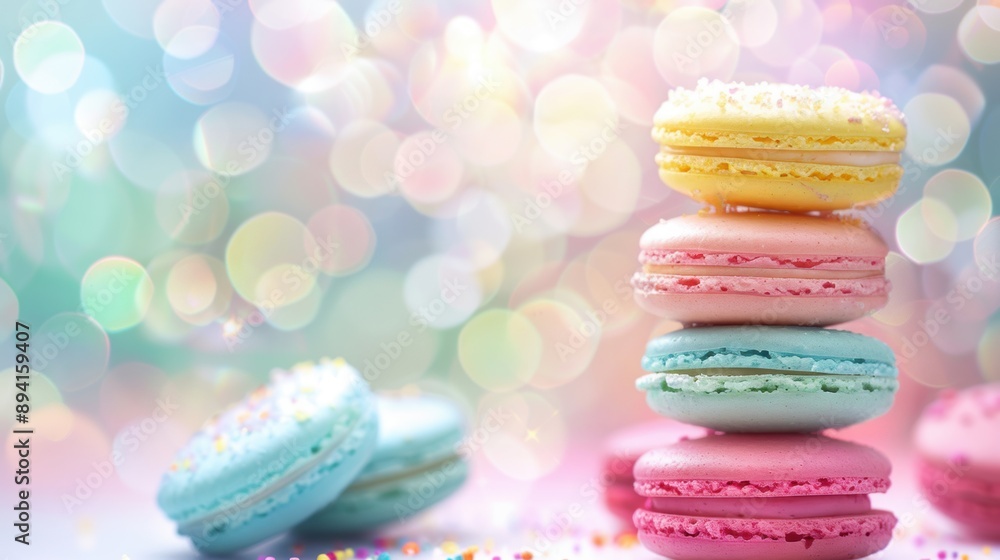 Poster a stack of colorful macarons with a dreamy bokeh background, creating a festive and delightful visua