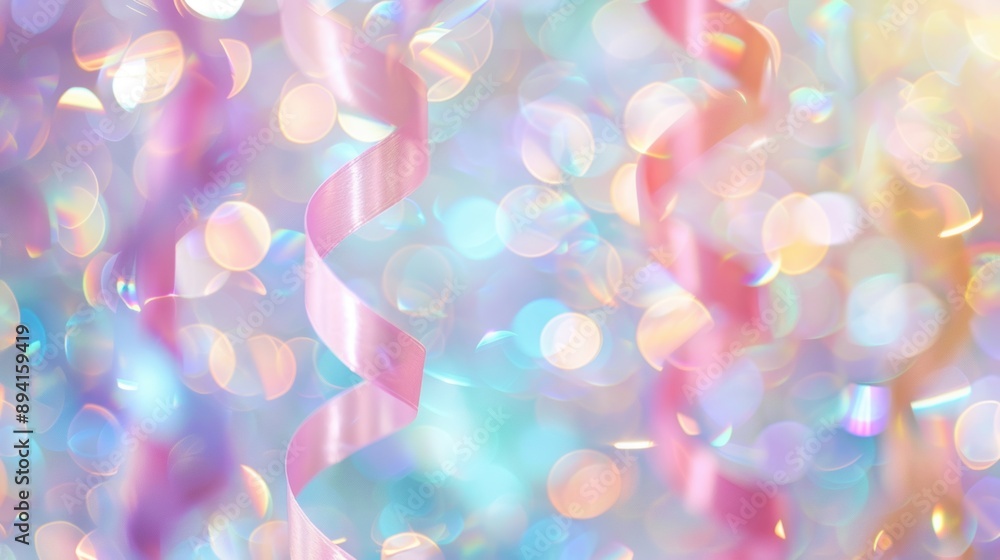 Poster pink ribbons curl against a backdrop of colorful bokeh lights, creating a festive and enchanting atm