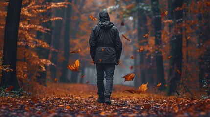 Solitary figure walks through a forest with orange leaves falling in autumn, surrounded by tall trees.