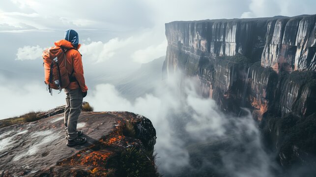 Close-up of a hiker standing at the edge of Mount Roraima, looking over the vast landscape, mist rising from the valleys below, Portrait close-up, hyper-realistic, high detail, photorealistic, studio
