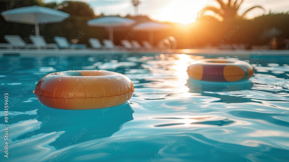 Poster colorful inflatable rings floating in a pool during sunset, capturing a relaxing summer vibe by the 