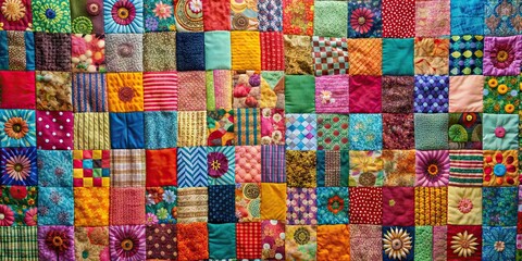 A colorful patchwork quilt with various patterns and textures, patchwork, quilt, colorful, fabric, handmade, sewing, craft