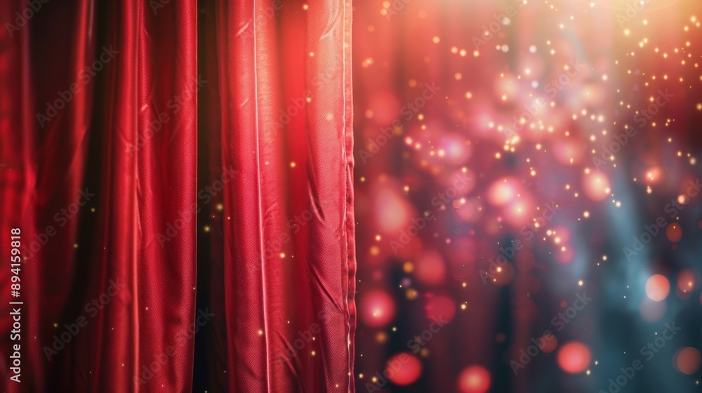 Aufkleber close-up of a red curtain with sparkling light bokeh, creating a dreamy and festive ambiance.