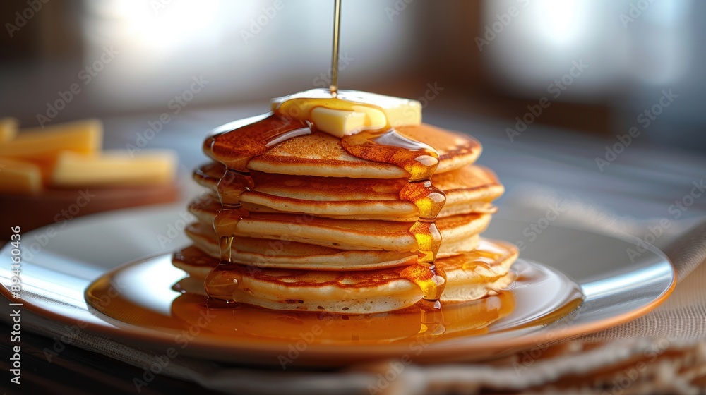 Poster a delicious stack of pancakes topped with syrup and butter, creating a mouth-watering breakfast scen