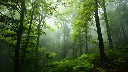 Fototapeta premium A forest with trees in the background and a misty sky. 