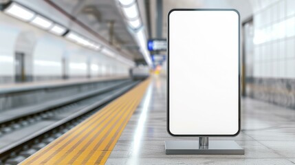 Vertical advertising billboard with empty digital screen on railway station. Blank white poster, public information board.