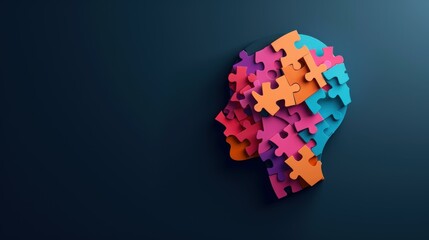 Vibrant jigsaw puzzle pieces creating a human head on a dark background, symbolizing autism awareness, neurodiversity, and mental health care.