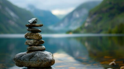 A balanced stack of stones on the shore of a tranquil mountain lake, with misty mountains in the background.