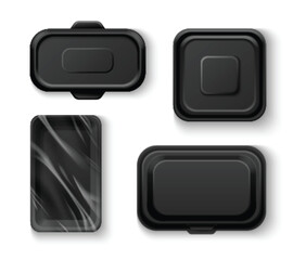 Black food tray box. Empty container package mockup. 3d isolated meal plate with polyethylene for product packaging and branding in supermarket. Blank retail market storage for lunch vector design