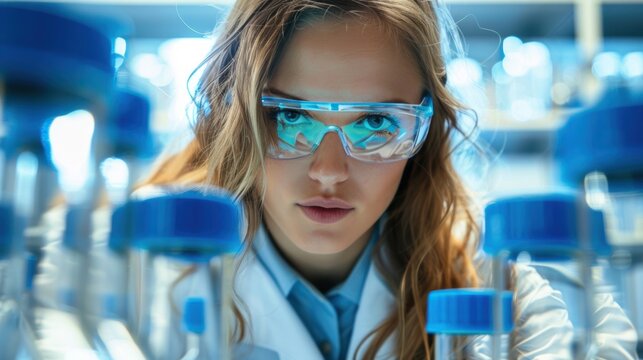 A determined female scientist wearing safety goggles works in a laboratory, surrounded by blue-capped containers, focused on her research.
