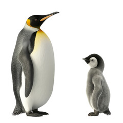 Obraz premium A realistic adult emperor penguin standing next to an adorable baby emperor penguin, no background, white.