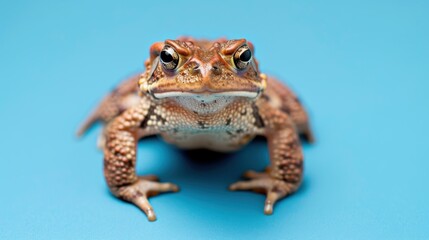 Fototapeta premium Close-Up Portrait of a Brown Toad on a Blue Background