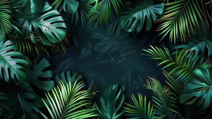 An arrangement of dark green tropical leaves overlapping, creating a lush and dense foliage pattern.