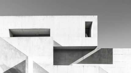 Fototapeta premium Minimalist white concrete building with geometric cutouts and shadows