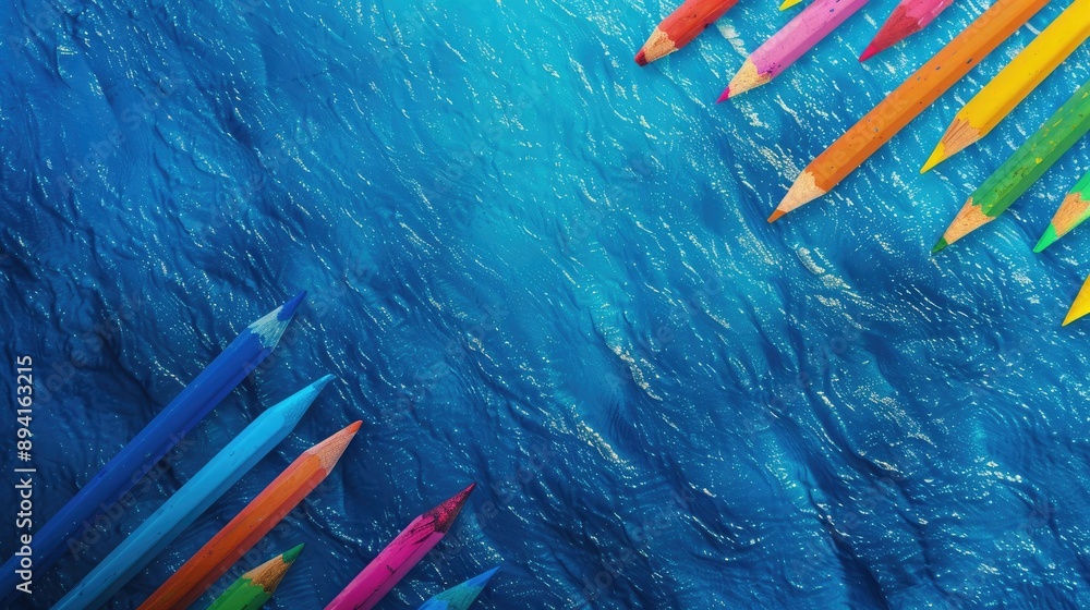 Wall mural Colorful crayons creating arrows on a blue oceanic backdrop captured from above