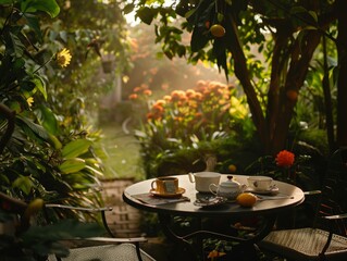 morning sunlight bath at garden table for breakfast - ai