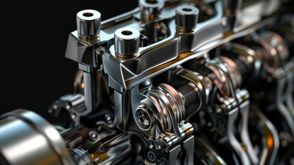 3D illustration of an internal combustion engine's piston and connecting rod against a black background. Depicts concepts of car technology, repair, and engine components. 