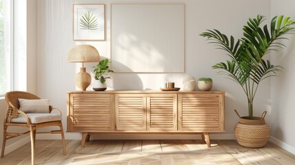 Scandinavian living room with wooden sideboard, table lamp, rattan basket, plants, and elegant decor. Mockup poster frame template.
