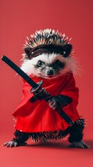 Fototapeta premium Hedgehog Dressed as Ninja for Halloween on Plain Background