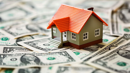 Miniature House Model on Pile of US Dollar Bills: Real Estate Investment and Property Market Concept