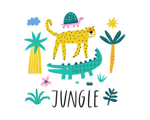Poster with cute jungle animals and tropical plants. Cartoon childish style, good for birthday invitations, greeting cards, nursery posters.  © Daria
