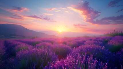 Sunset over a meadow full of purple flowers in the summer, Beautiful sunset over the field with purple flowers, Nature composition, Sunset Glow Lavender, Decorative Backdrop
