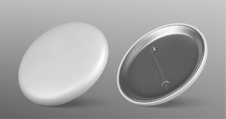 White blank round pin button vector mockup template. 3d realistic promotional metal badge design. Office tag for name mock up. Brooch sign emblem souvenir. Clean merchandise label item graphic