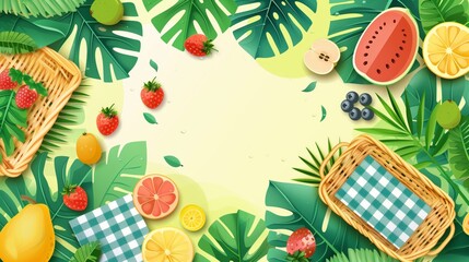 A sunny picnic scene with woven baskets of fruits, cozy blankets, and blooming flowers invites joy.