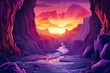 Mystical canyon landscape with vibrant sunset and river flowing through it