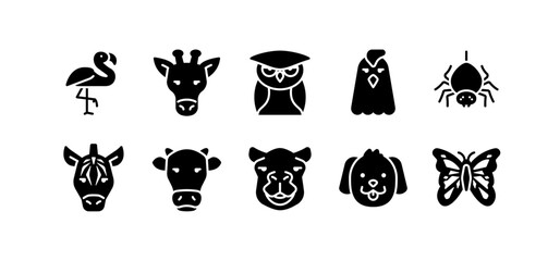Set of animal icons. Solid glyph animal icon pack contains icon such as cow, owl, camel, zebra, spider, dog etc	
