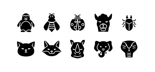 Fototapeta premium Set of animal icons. Solid glyph animal icons pack contains icon such as cat, llama, rhino, fox, elephant, insect, penguin etc