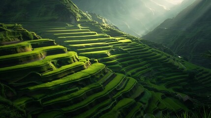 Fototapeta premium Sunlit Rice Terraces in Lush Green Hills