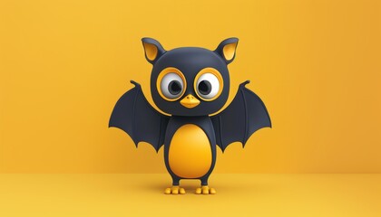 3D Cartoon Bat with Wide Opened Wings Against a Yellow Backdrop. Perfect for Halloween Projects