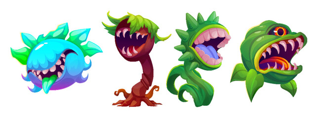 Scary plant monster. Fantasy alien creepy flower set. Carnivorous and dangerous garden creature with mouth trap and teeth to bite. Halloween exotic forest predatory character isolated mascot icon