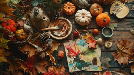 Naklejka premium Artistic Fall Palette with Gouache and Traditional Decor