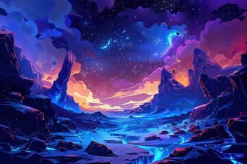 Mystical alien landscape with vibrant rocks and celestial bodies