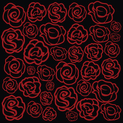 Seamless pattern with red roses on black background. Vector illustration.